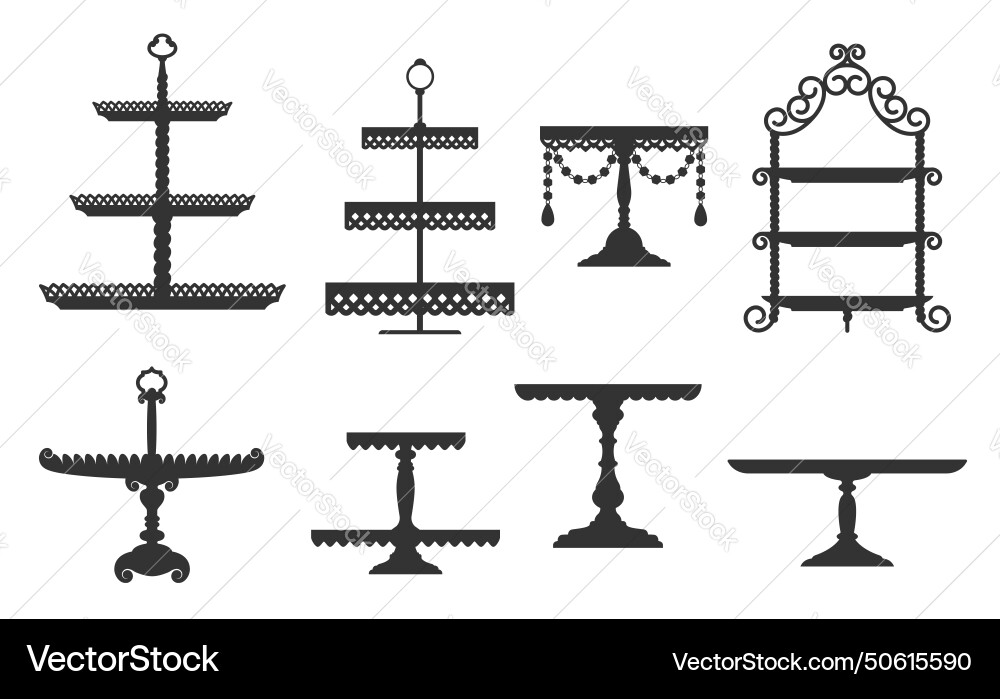 Tee und Hochzeit Kuchen platter Stand Silhouetten Set Tee und Hochzeit Kuchen platter Stand Silhouetten Set vektorbild