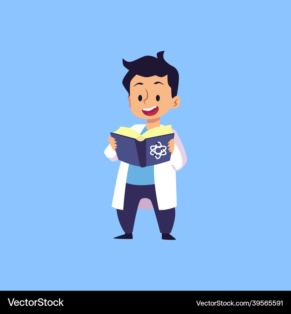 Child scientist in lab goan reading textbook flat Child scientist in lab goan reading textbook flat Vector Image