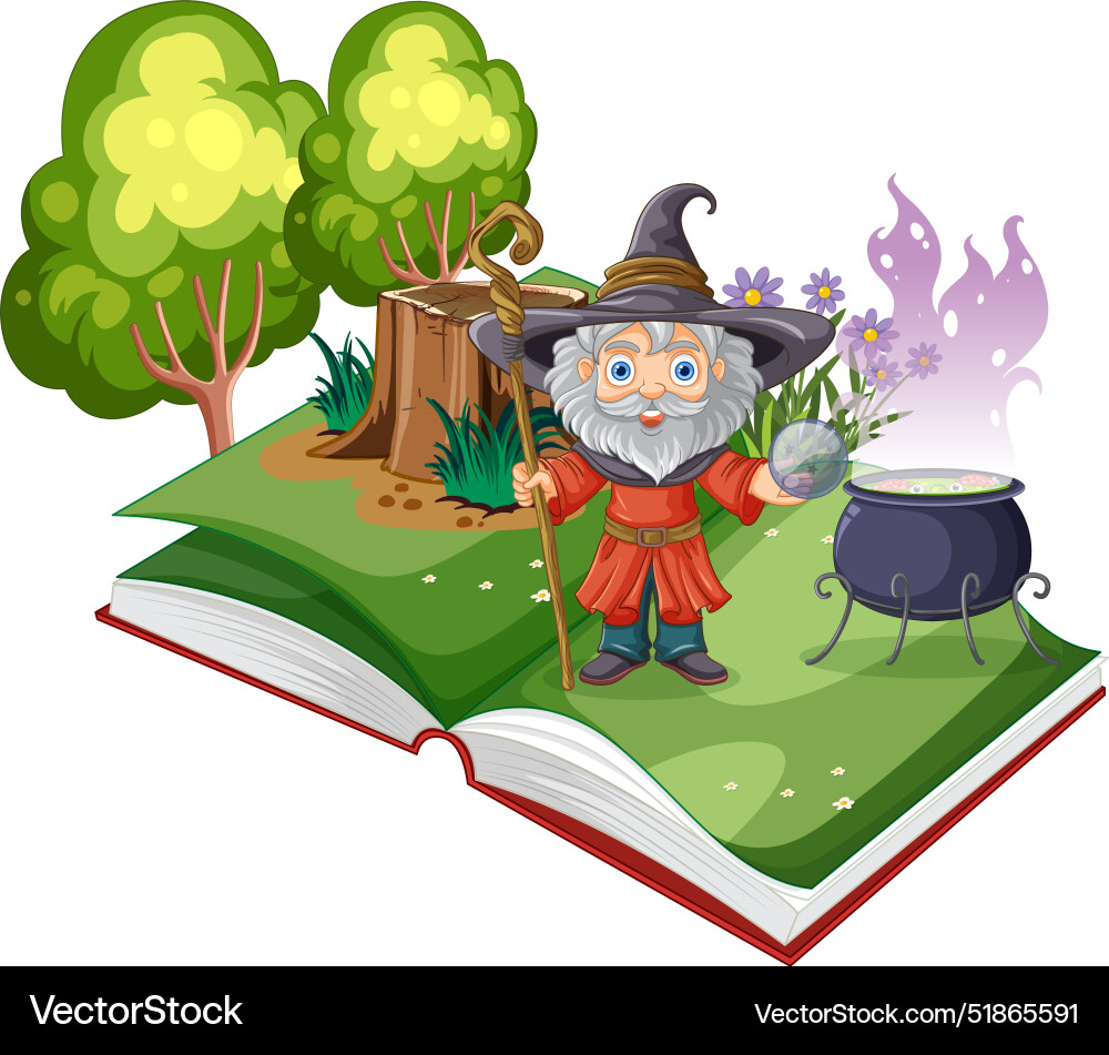 Wizard conjuring magic in an open book Wizard conjuring magic in an open book Vector Image