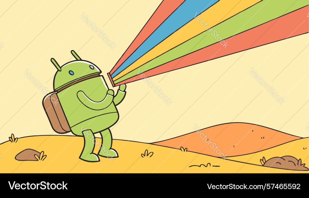 Android robot with vibrant rainbow light rays vector image