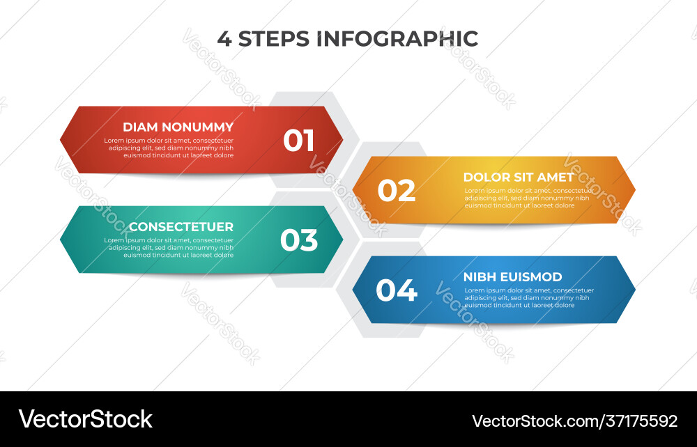 Colorful 4 points steps with hexagonal list Vector Image