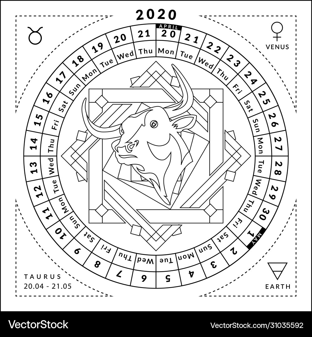 Taurus Zodiac Calendar 2020 Coloring Book Vector Image