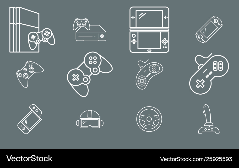 Gamepad and game console icons set outline Vector Image