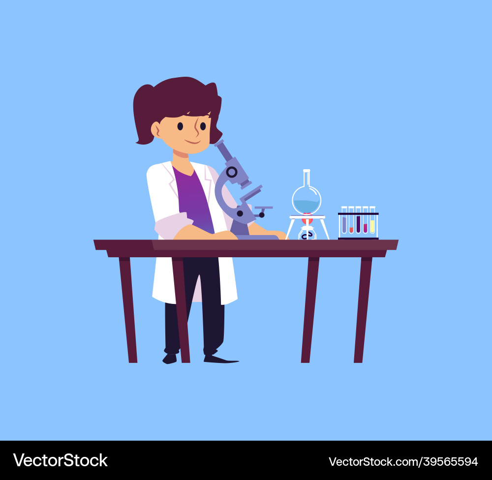 Child scientist behind desk with microscope flat Vector Image