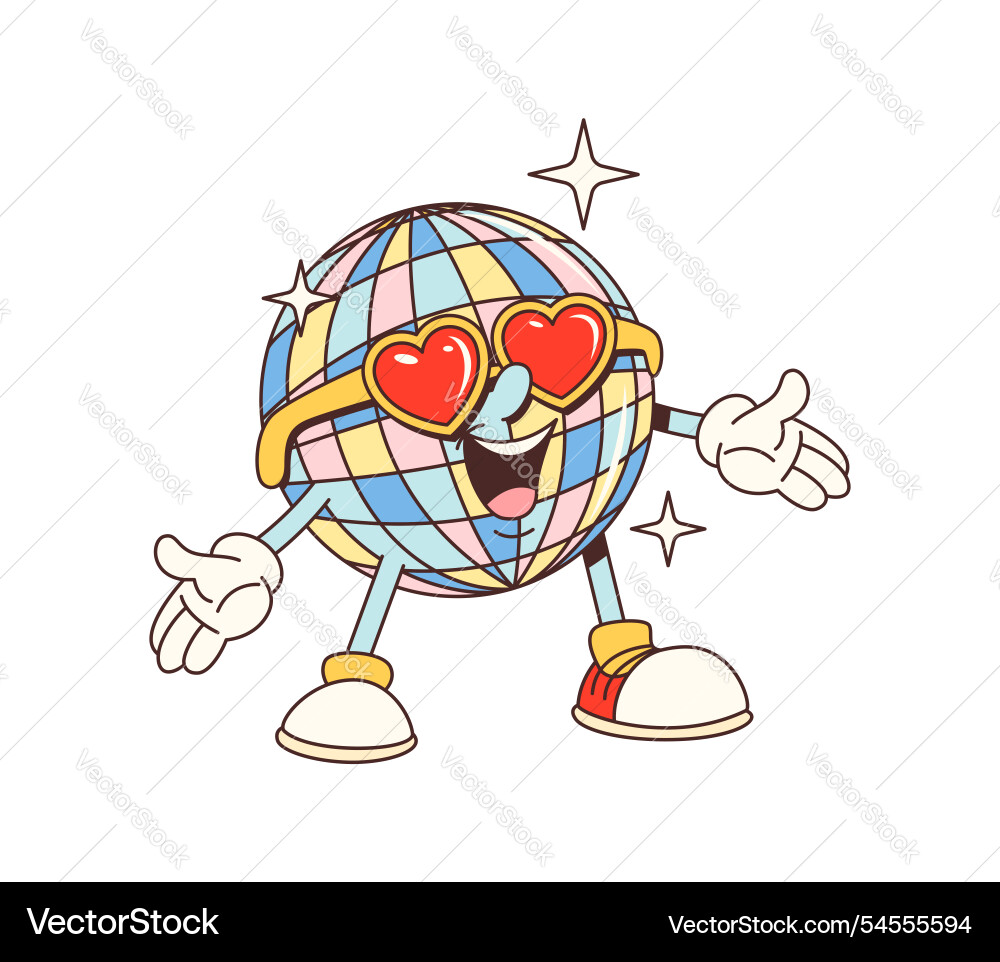 Groovy cartoon disco ball character heart glasses Groovy cartoon disco ball character heart glasses vector image