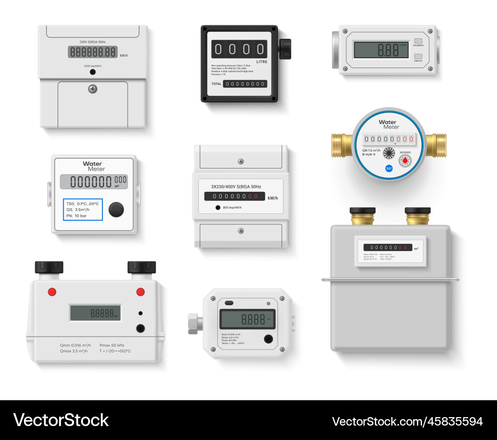 Household and industrial meter set realistic vector image