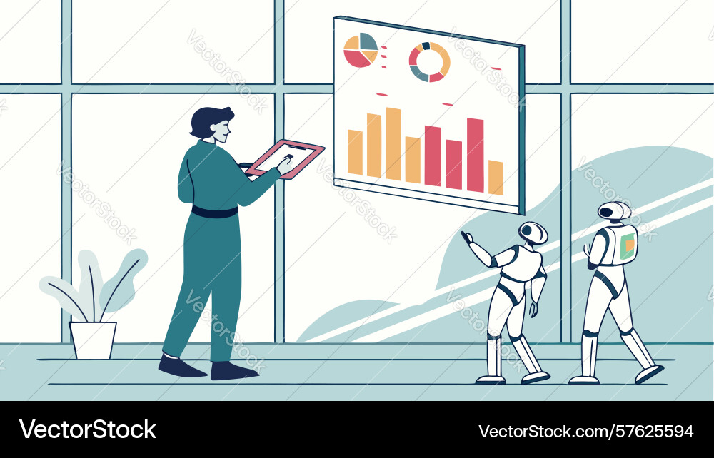 Man interacting with robots and data design vector image