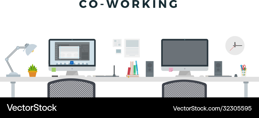 Co - working with two computers concept set Co - working with two computers concept set Vector Image