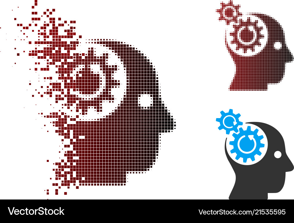 Disappearing pixel halftone brain gears rotation Vector Image