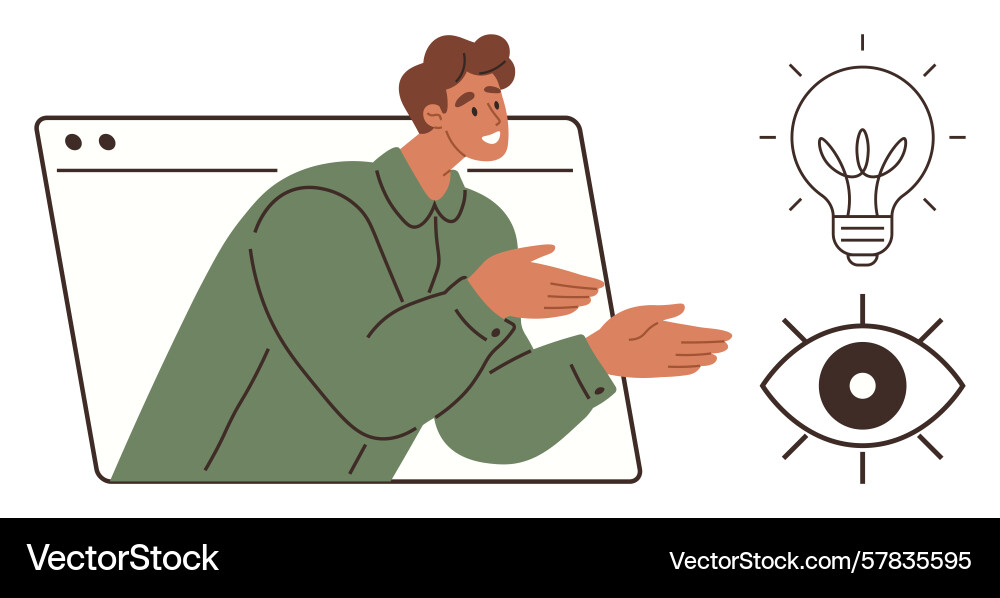Man emerges from browser window communicating Man emerges from browser window communicating Vector Image