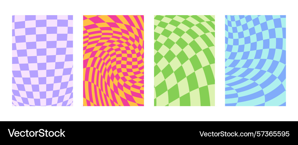 Wavy groovy distorted checkered background set vector image