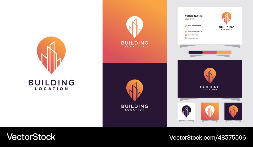 Building location logo with pin point Building location logo with pin point Vector Image