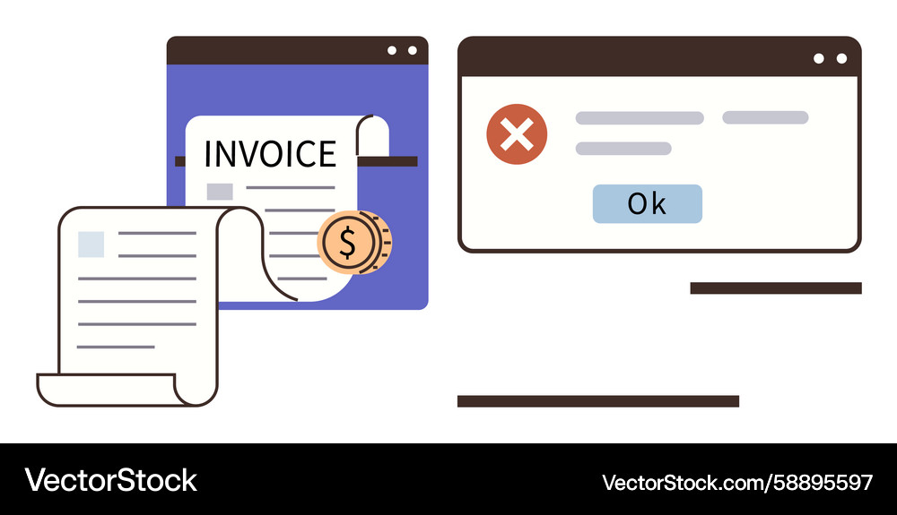 Digital invoice and error message in browser Digital invoice and error message in browser Vector Image