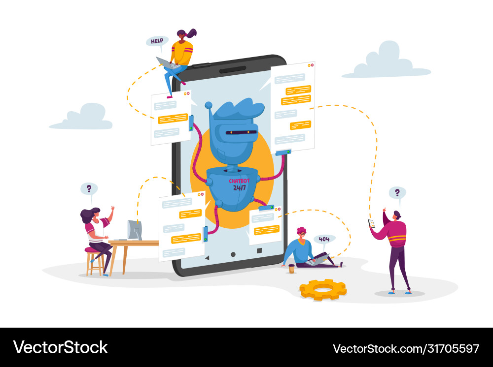 Tiny characters around huge mobile with robot Tiny characters around huge mobile with robot Vector Image
