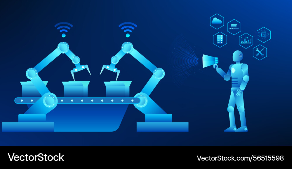 Robot controlling a mechanical arm in factory Robot controlling a mechanical arm in factory vector image