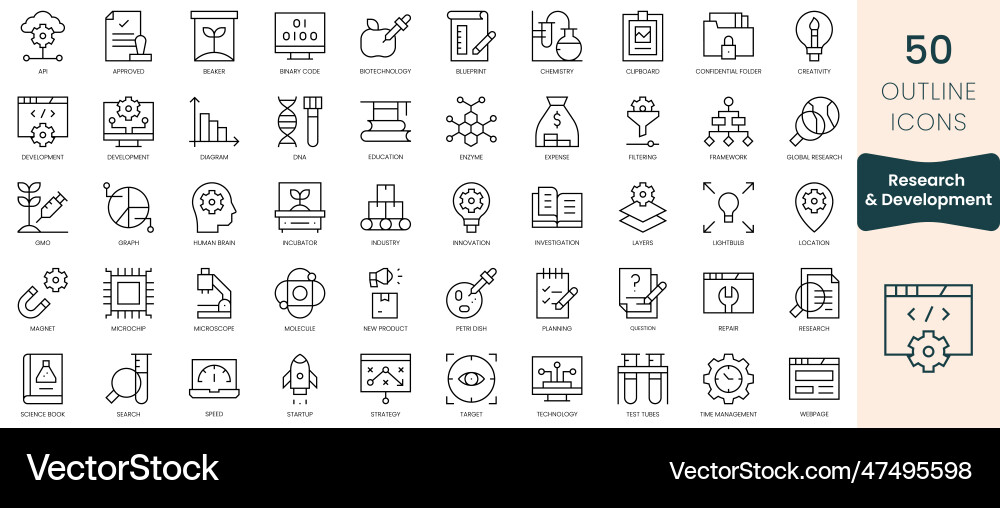 Set of research and development icons thin linear Set of research and development icons thin linear Vector Image
