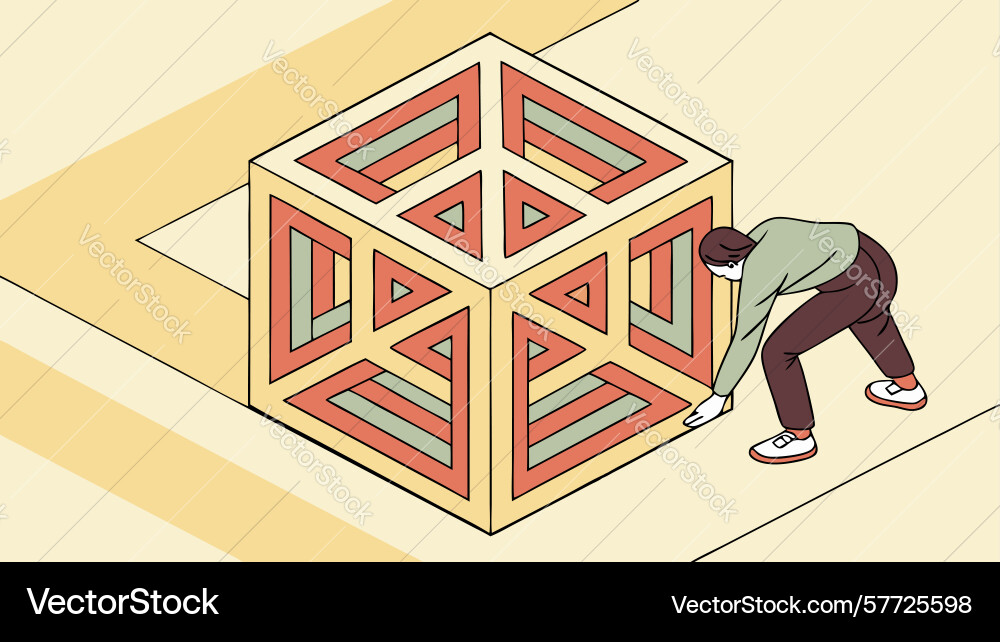 Two figures moving large isometric cube teamwork vector image