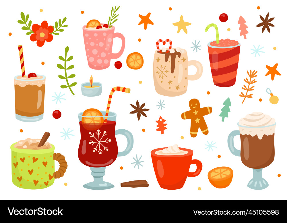 Winter christmas drinks cocoa and coffee milk Winter christmas drinks cocoa and coffee milk vector image