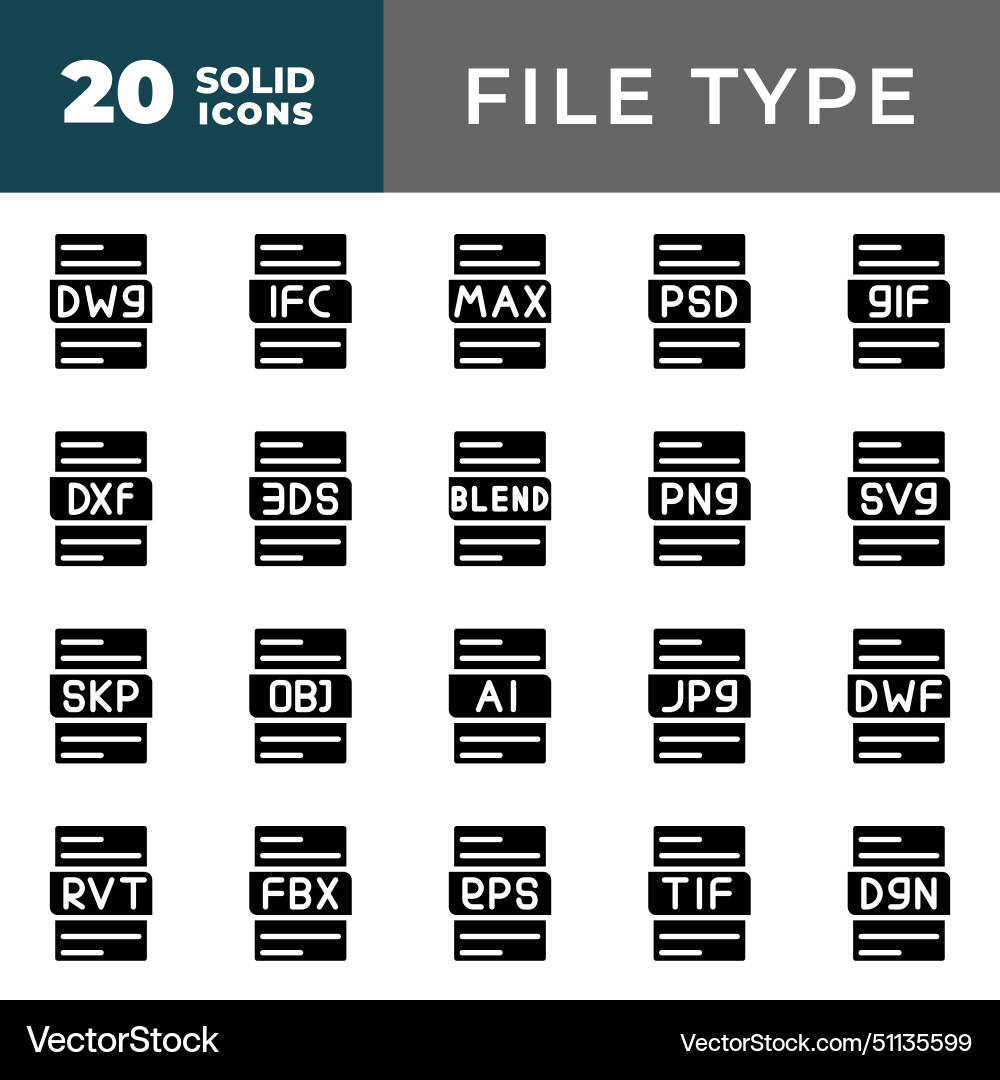 File format icons set extension files solid icon File format icons set extension files solid icon vector image