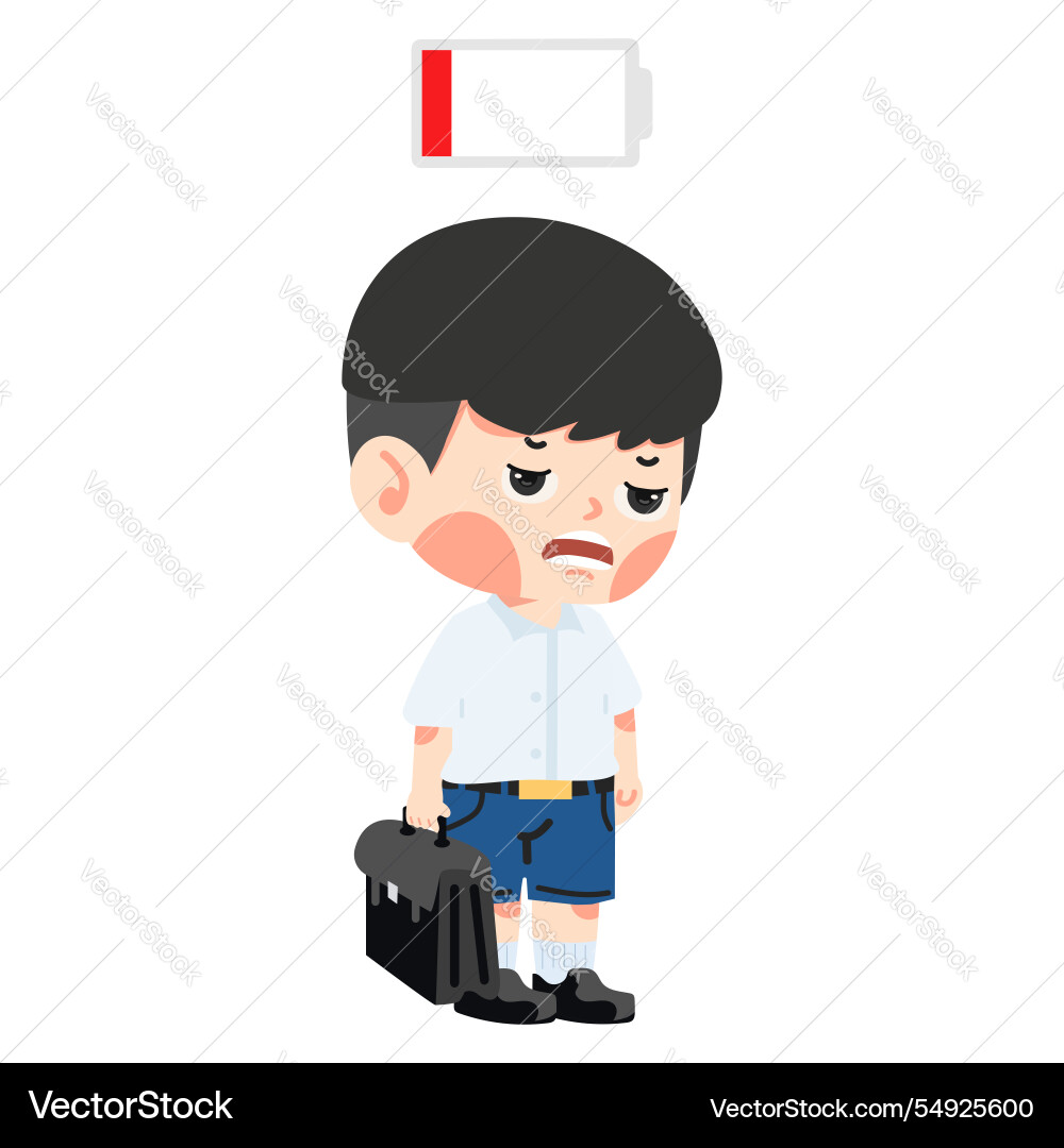 Kid student tired and low battery Kid student tired and low battery vector image