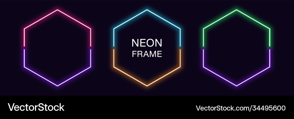 Neon hexagon frame set hexagonal border Neon hexagon frame set hexagonal border Vector Image