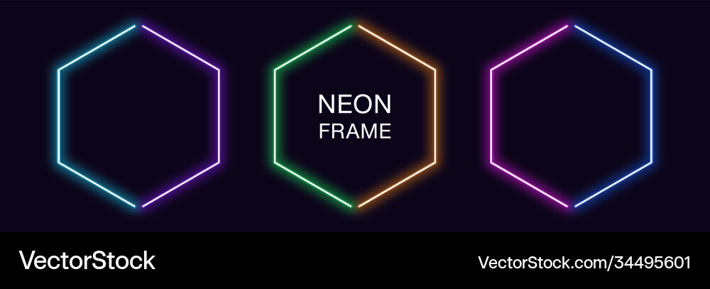 Neon hexagon frame set hexagonal border Neon hexagon frame set hexagonal border Vector Image