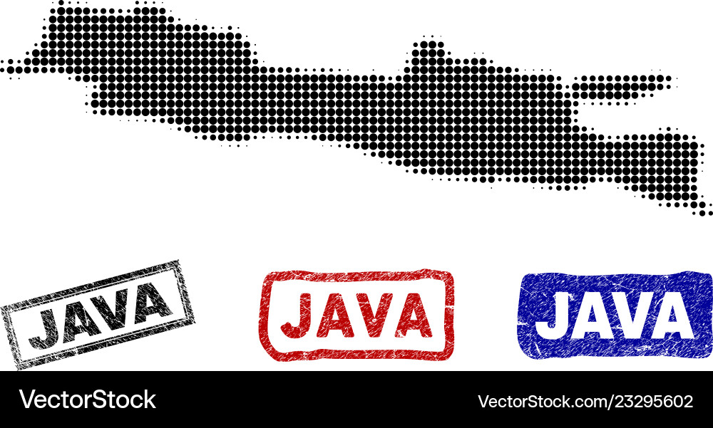 Java island map in halftone dot style with grunge Java island map in halftone dot style with grunge Vector Image