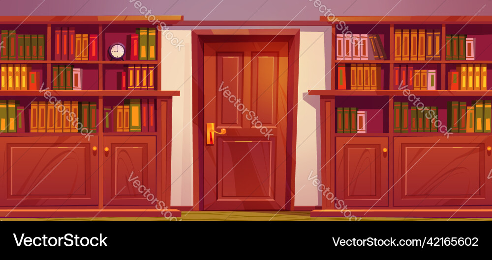 Library or cabinet with wooden bookcases and door vector image