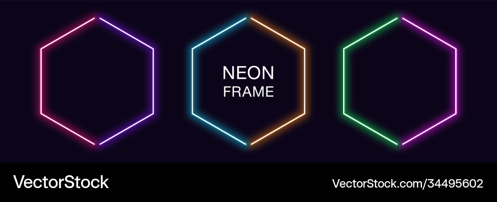 Neon hexagon frame set hexagonal border Neon hexagon frame set hexagonal border Vector Image