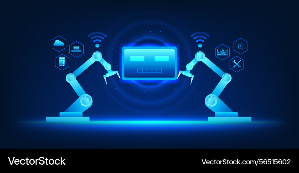 Robot controlling a mechanical arm in factory vector image