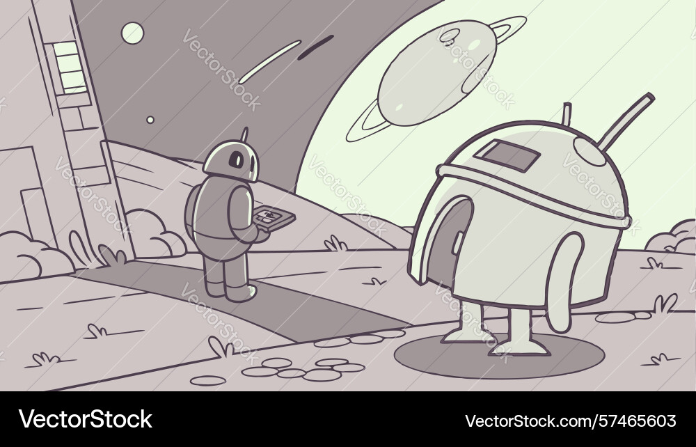 Android robot in urban landscape with planet vector image