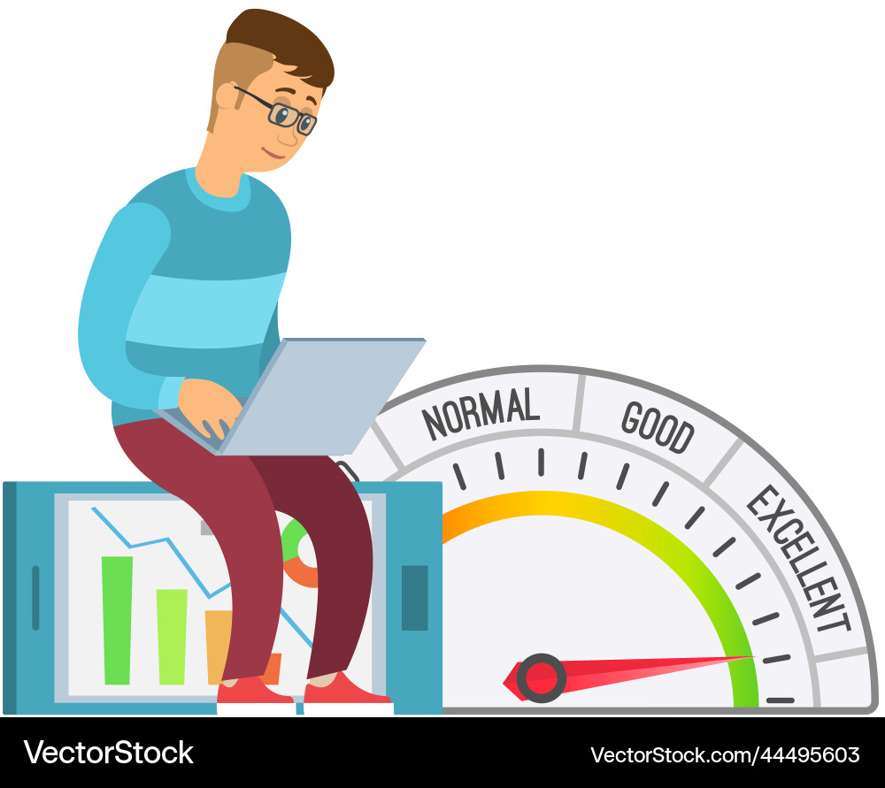 Businessman working with computer near scale from Businessman working with computer near scale from Vector Image