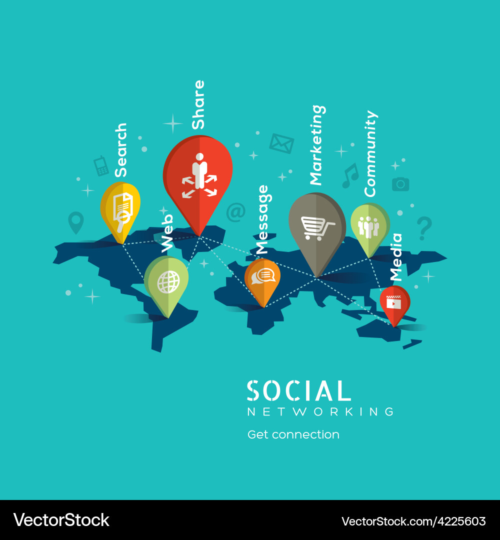 Global Social Network Map with Pins vector image