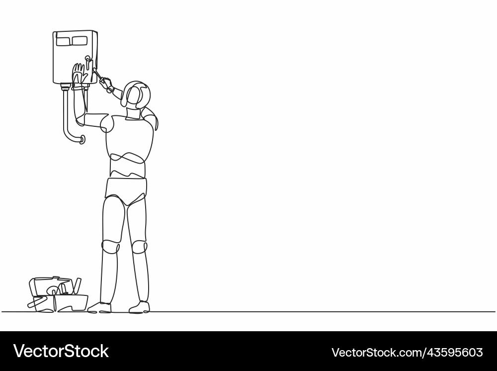 Single continuous line drawing robot plumber Vector Image