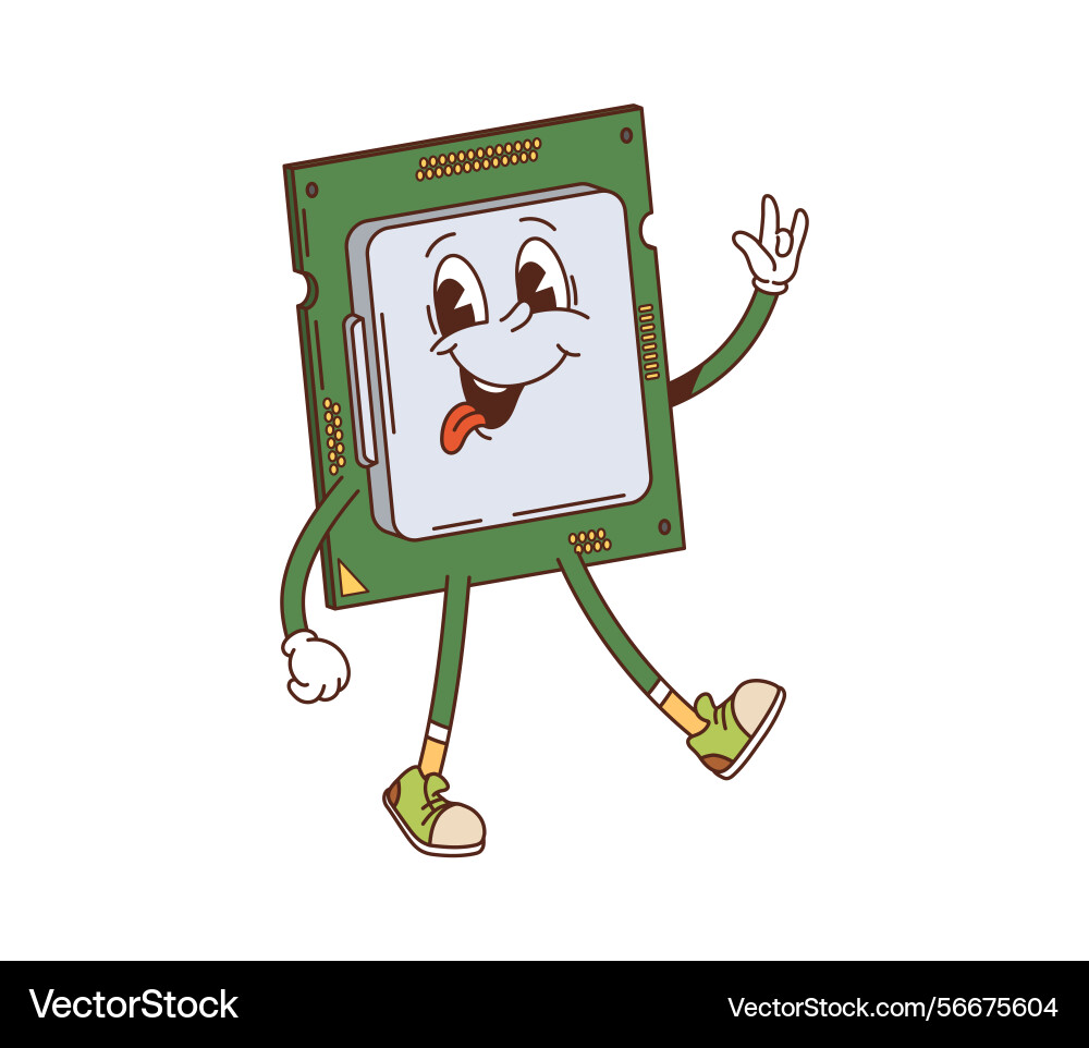Cartoon groovy computer chip processor character Cartoon groovy computer chip processor character vector image