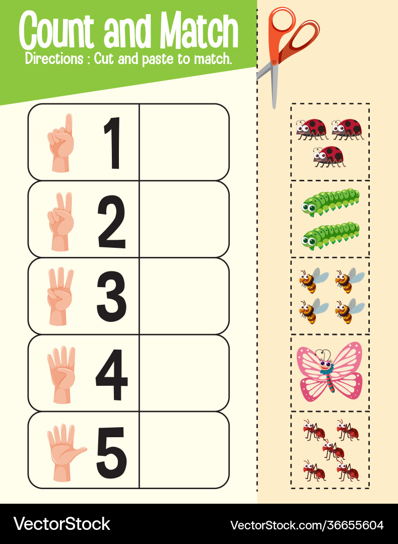 Count and match game maths worksheet for children Count and match game maths worksheet for children Vector Image