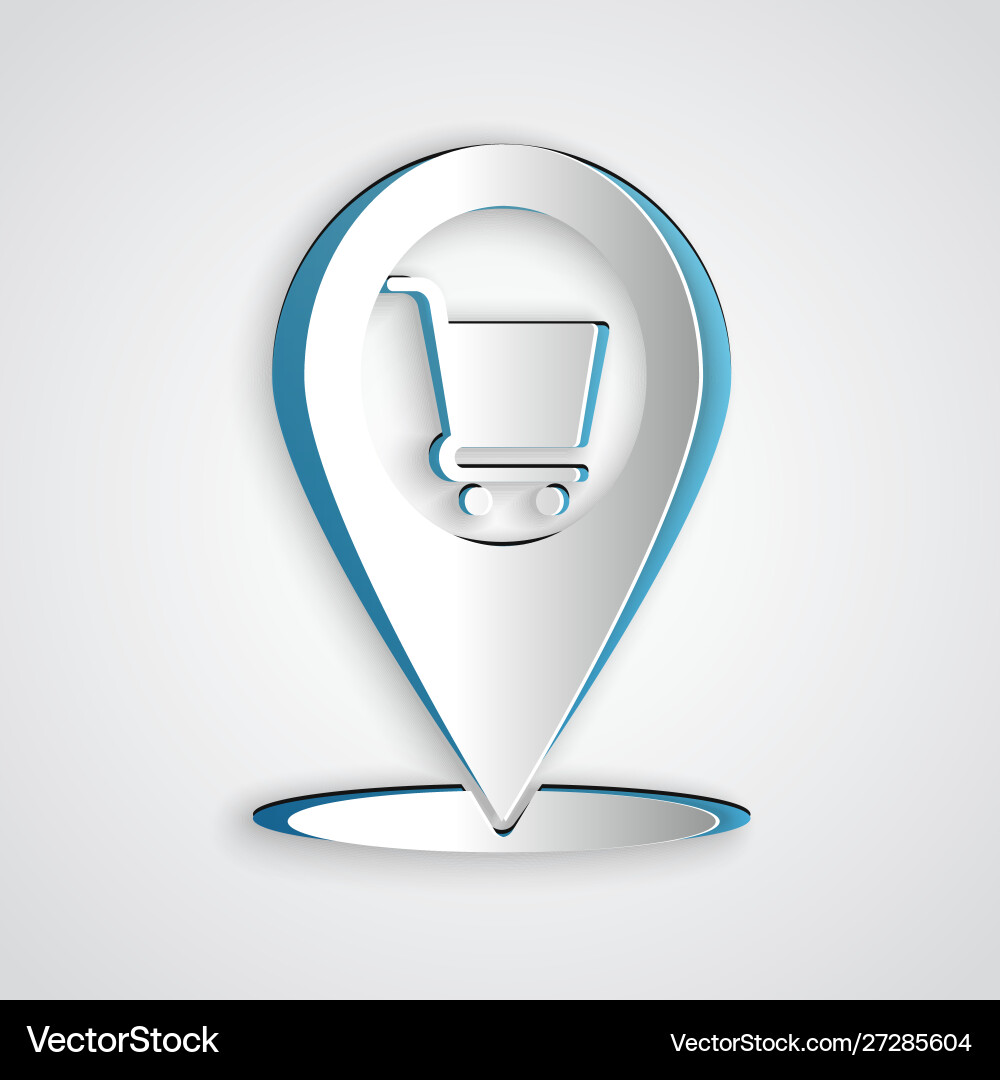 Paper cut map pointer with shopping cart icon Paper cut map pointer with shopping cart icon Vector Image