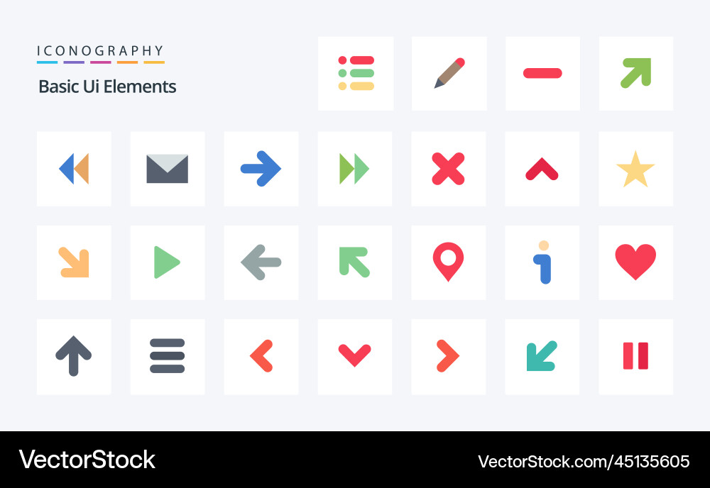 25 basic ui elements flat color icon pack Vector Image