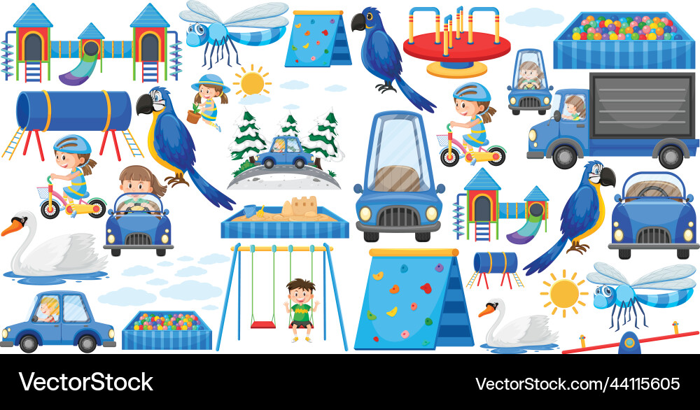 Set of different objects in blue Set of different objects in blue Vector Image