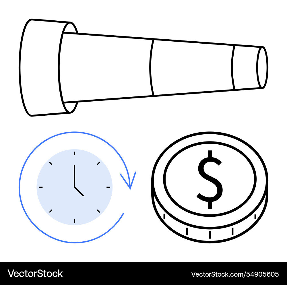 Telescope clock with arrow and coin representing Telescope clock with arrow and coin representing vector image