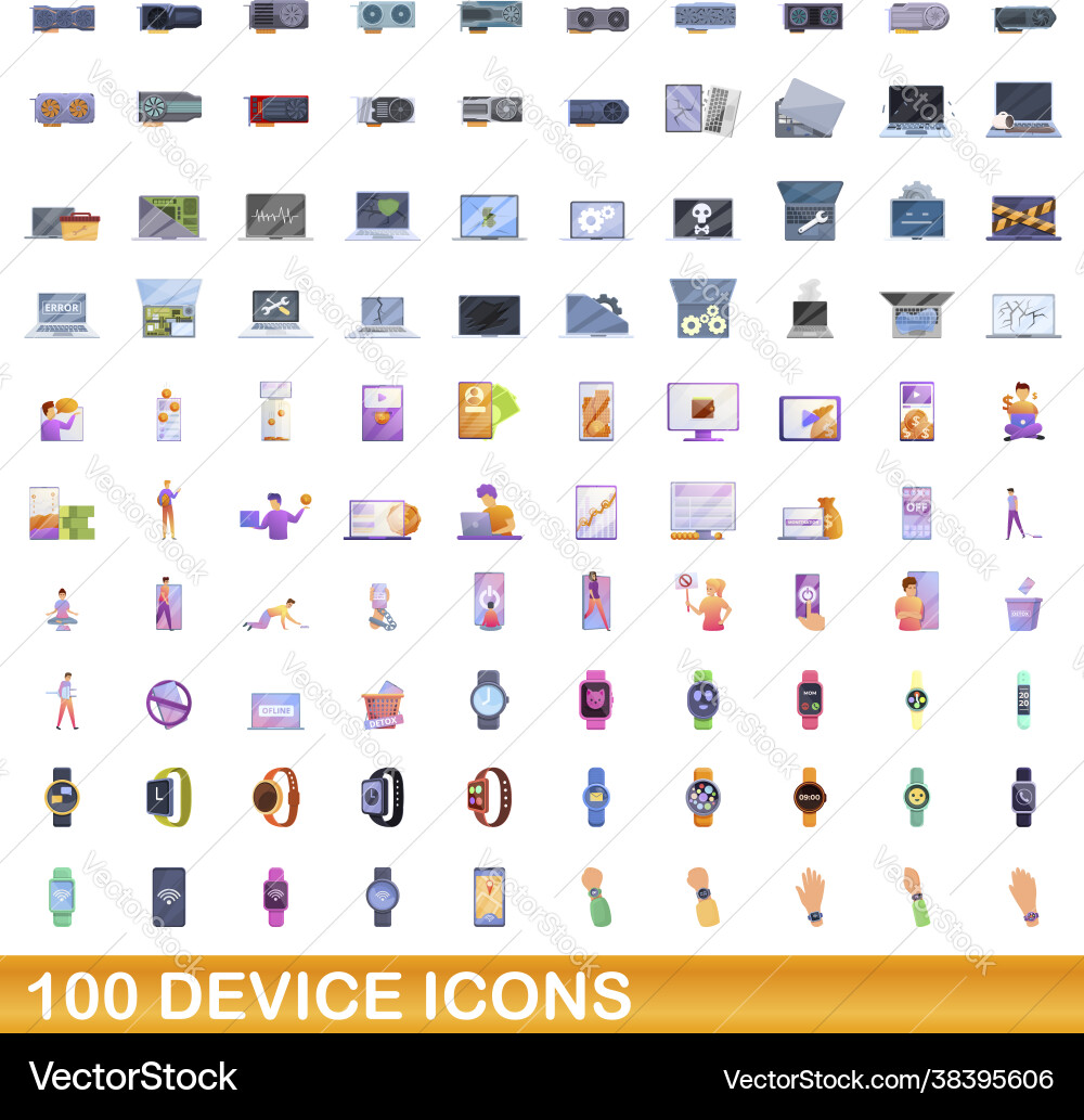 100 device icons set cartoon style 100 device icons set cartoon style vector image