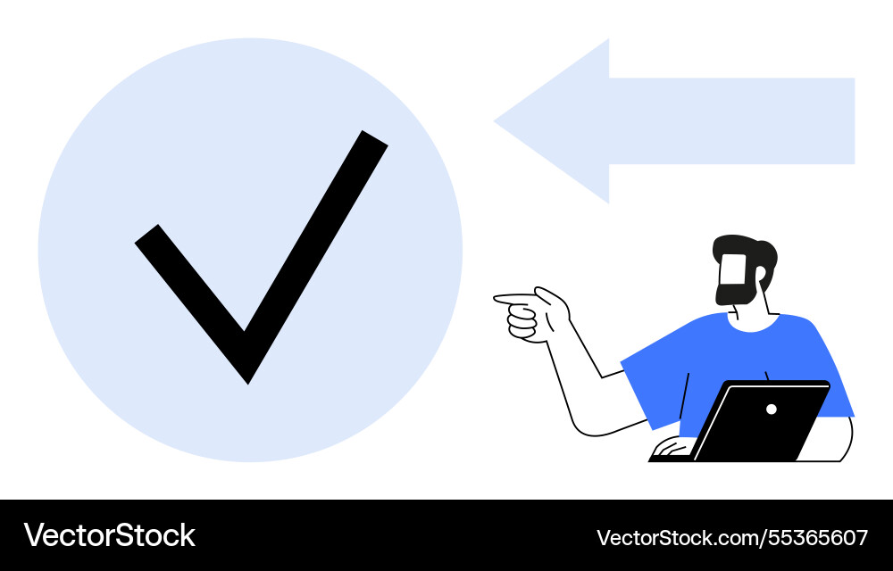 Man pointing at checkmark with arrow representing Man pointing at checkmark with arrow representing vector image