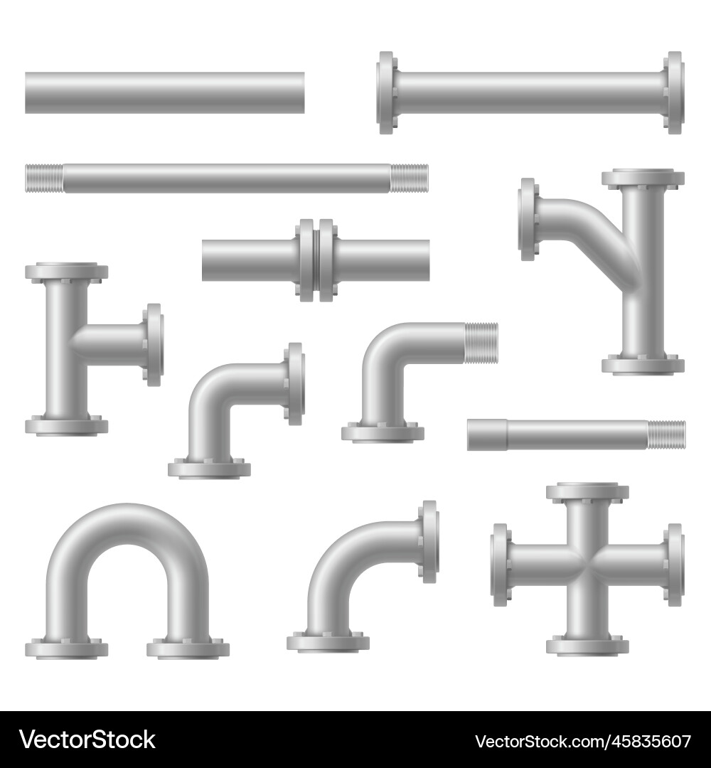 Pipe with thread and flange set realistic Pipe with thread and flange set realistic vector image