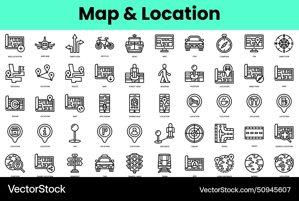 Set of map and location icons linear style icon Set of map and location icons linear style icon vector image