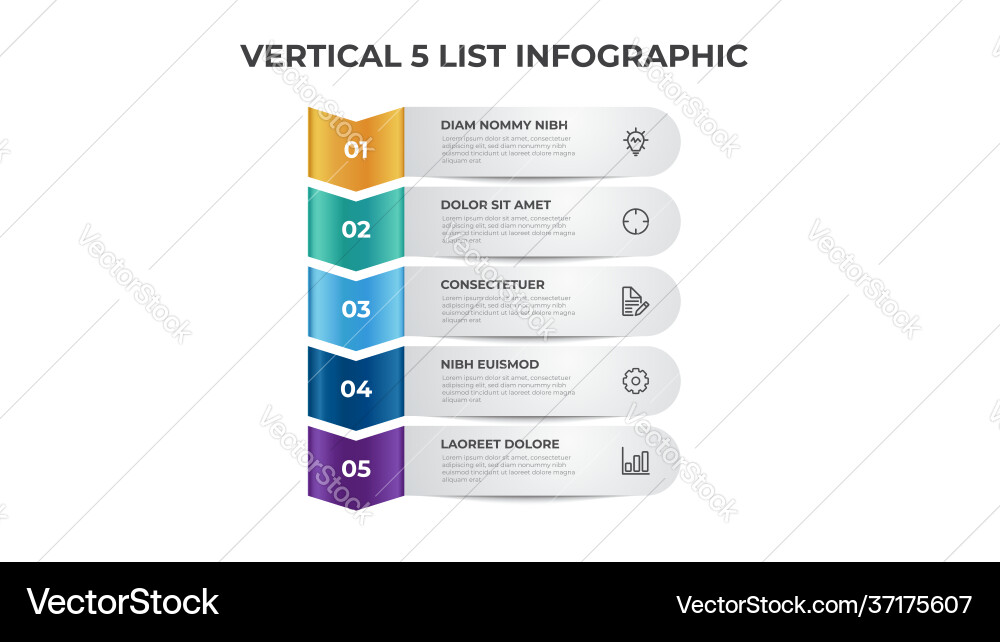 Vertical list diagram with 5 points steps Vertical list diagram with 5 points steps Vector Image