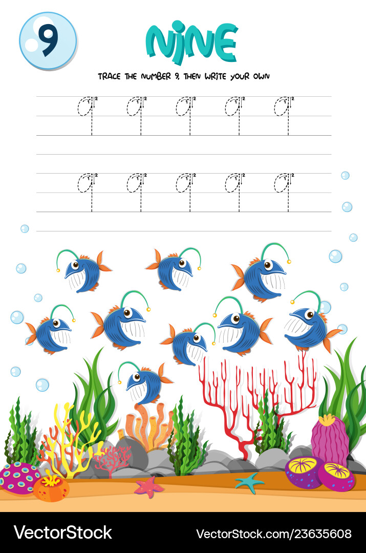 How to write number nine worksheet How to write number nine worksheet vector image