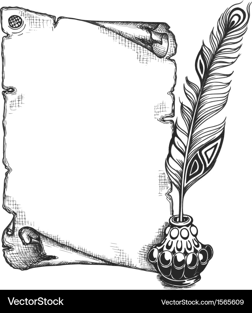 Paper scroll feather and inkwell Royalty Free Vector Image