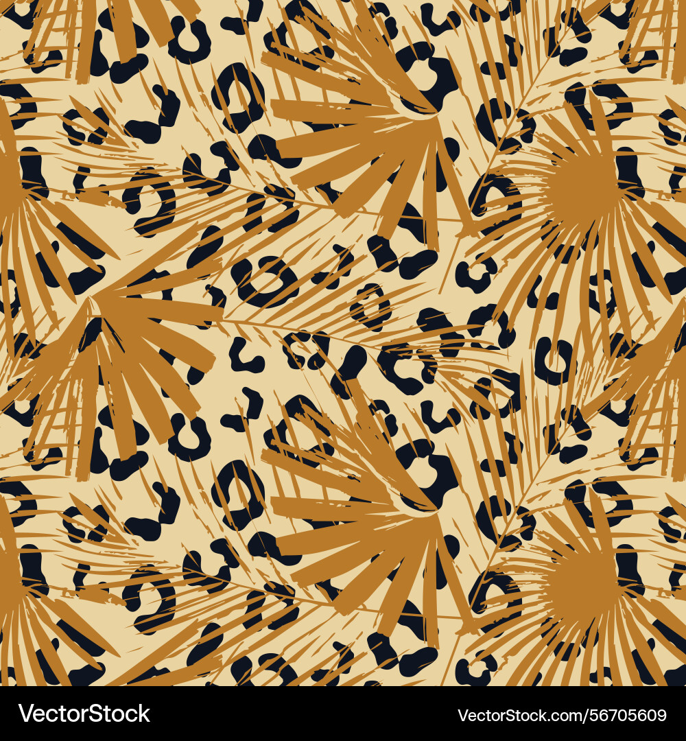 Seamless pattern with palm leaves on leopard print Seamless pattern with palm leaves on leopard print vector image