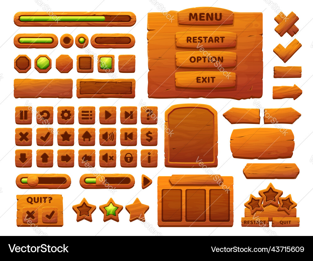 Wooden Button UI Elements - Game Interface vector image
