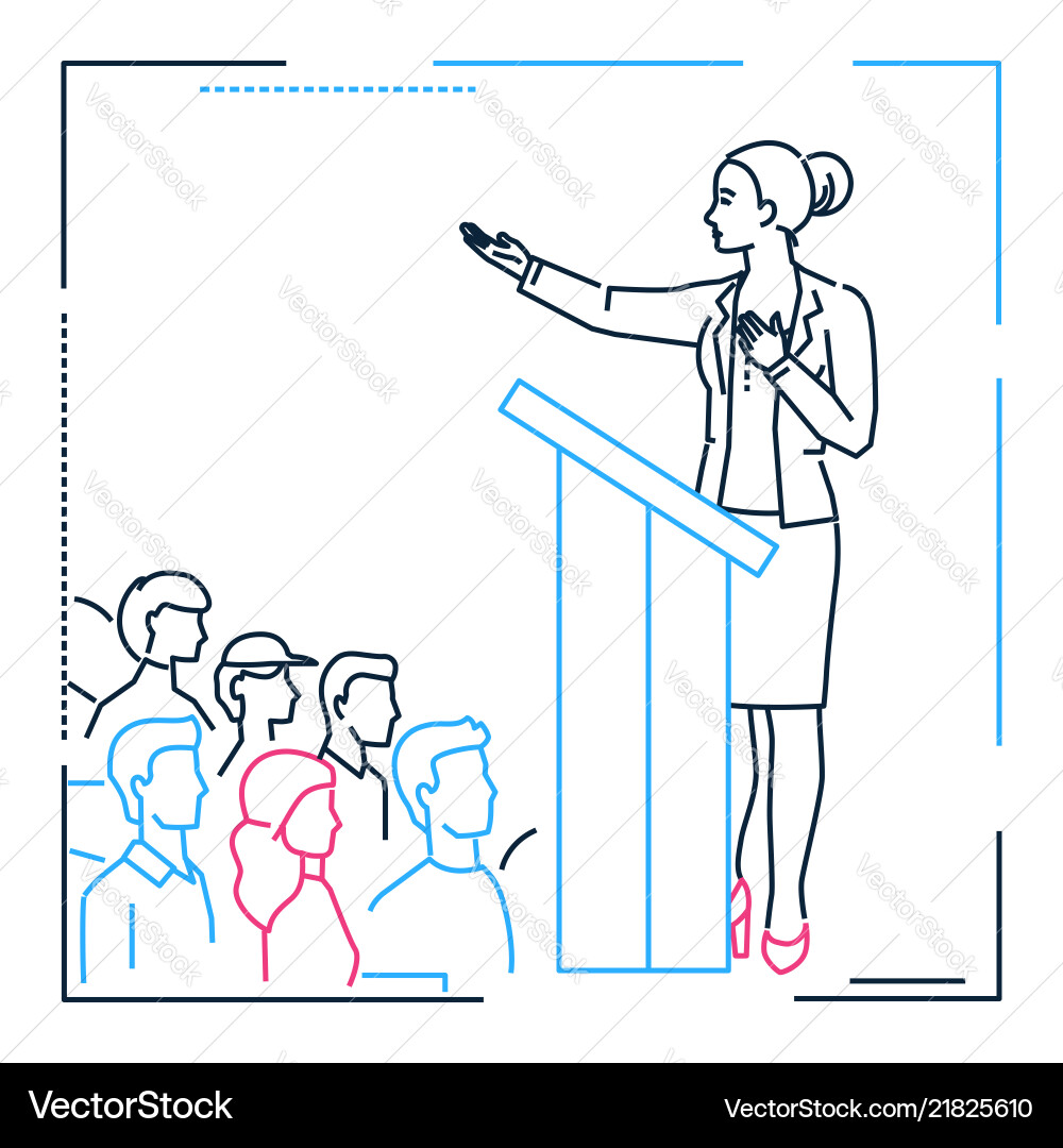 Businesswoman speaking from a platform - line Businesswoman speaking from a platform - line vector image